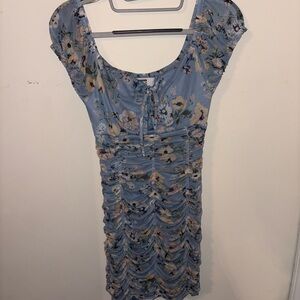 Chic Blue Floral Ruched Mini Dress